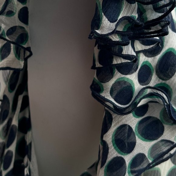 BCBGMaxAzria NWT Ruffle Sleeve Crew Neck Midi Polka Dot Dress Navy/Green Size L - Picture 6 of 12